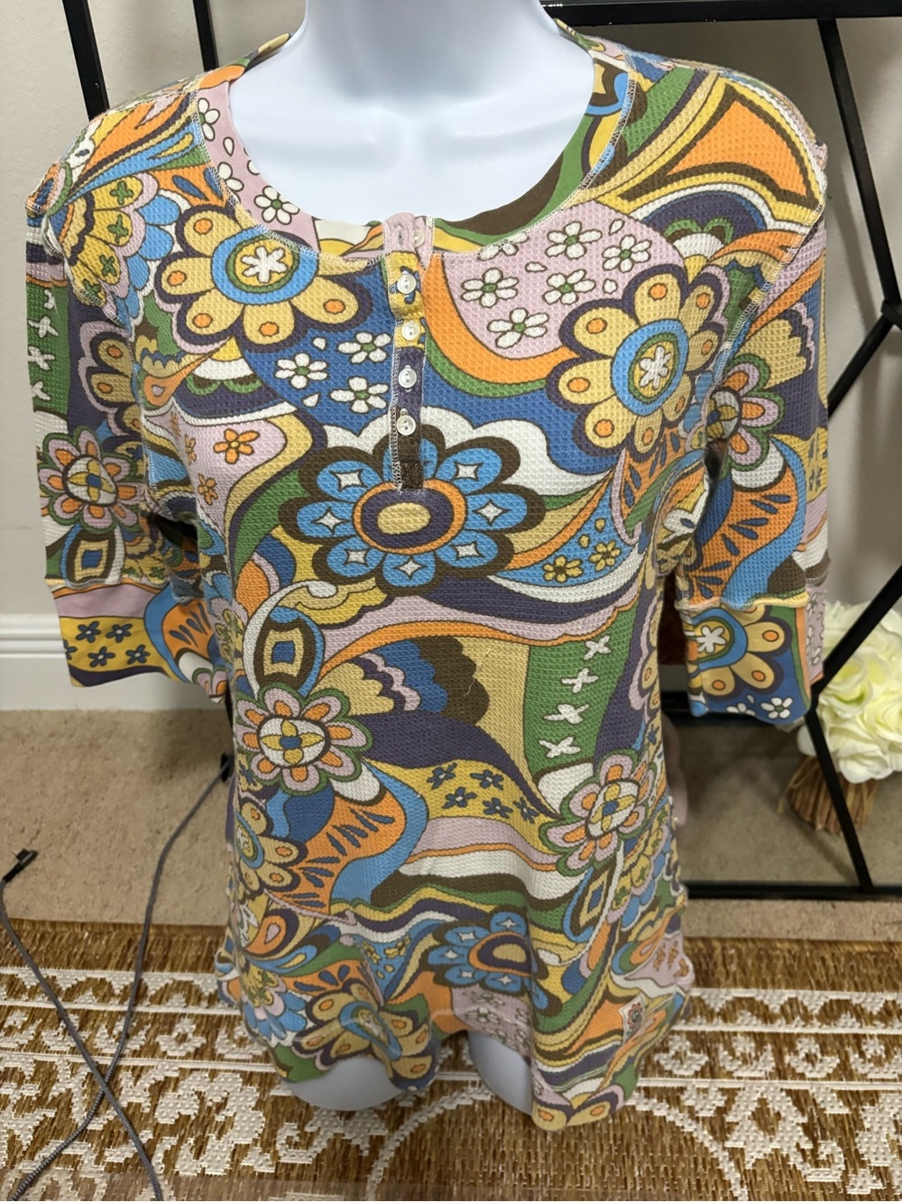 Vintage Lucky womens short sleeve boho floral multi color top XL 100% cotton